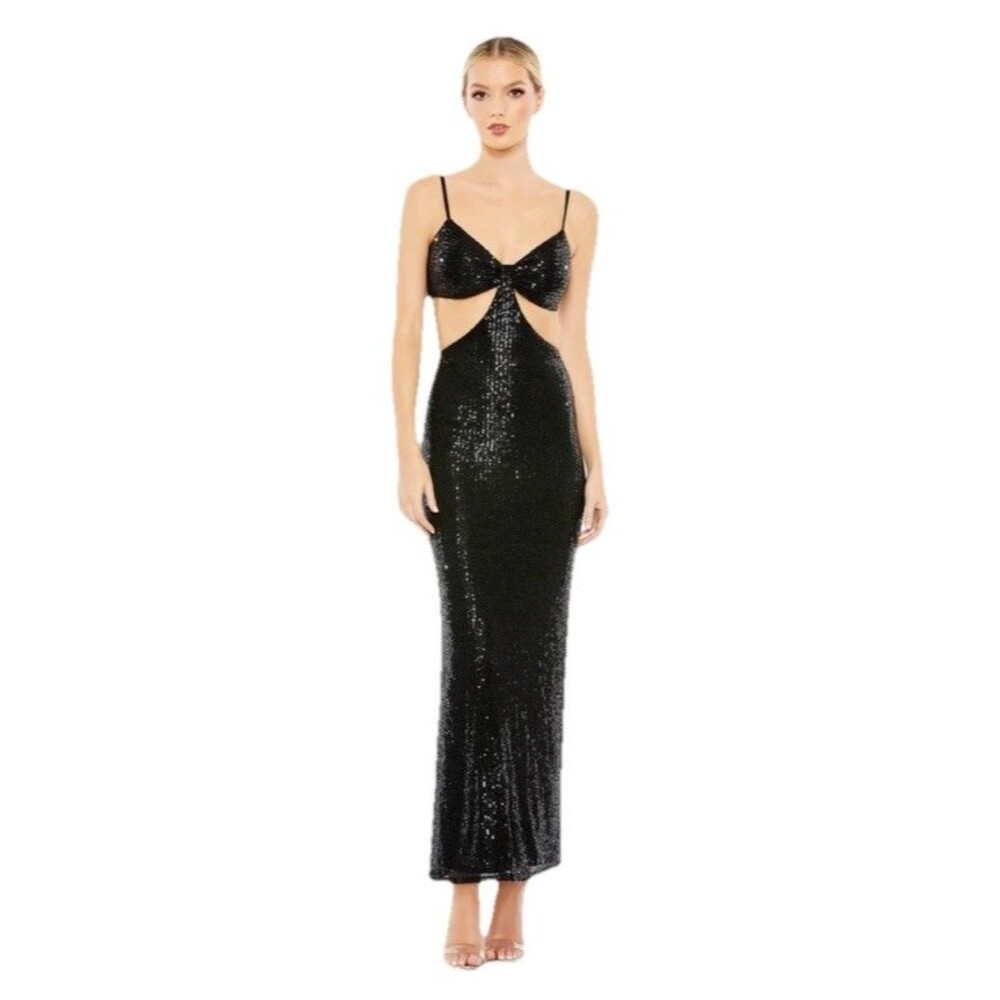 New Ieena For Mac Duggal Open Midriff Black Sequin Dress Size 6 Retail $298